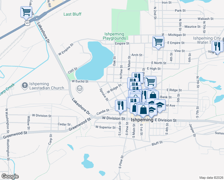 map of restaurants, bars, coffee shops, grocery stores, and more near 399 Lake Street in Ishpeming