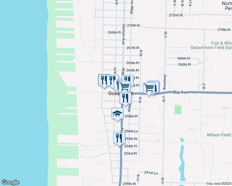 map of restaurants, bars, coffee shops, grocery stores, and more near 1305 260th Place in Ocean Park