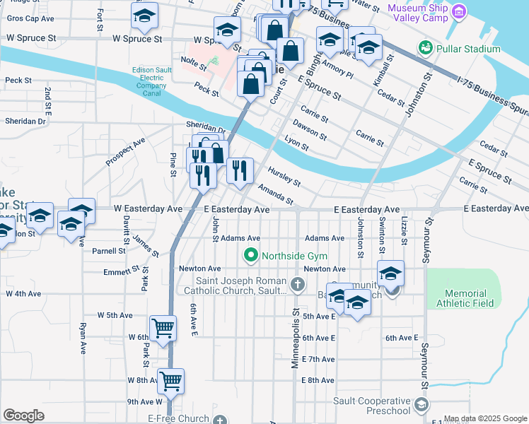 map of restaurants, bars, coffee shops, grocery stores, and more near 817 Young Street in Sault Ste. Marie