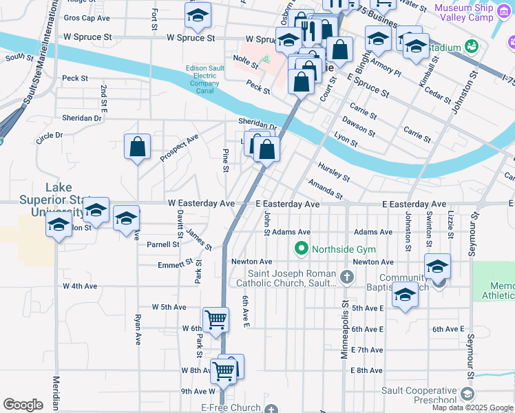 map of restaurants, bars, coffee shops, grocery stores, and more near 808-898 John Street in Sault Ste. Marie