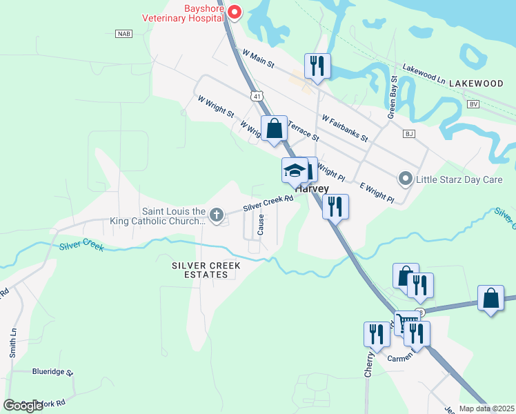map of restaurants, bars, coffee shops, grocery stores, and more near 232 Silver Creek Road in Harvey