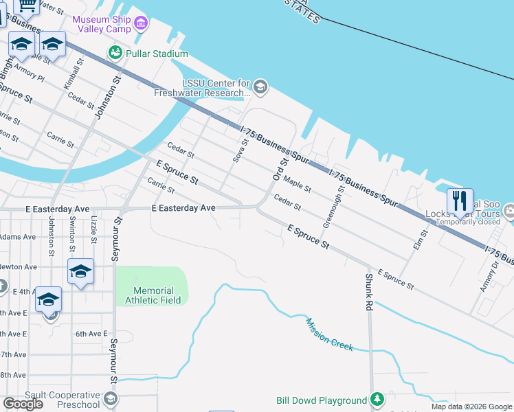 map of restaurants, bars, coffee shops, grocery stores, and more near 901 East Spruce Street in Sault Ste. Marie