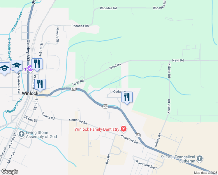 map of restaurants, bars, coffee shops, grocery stores, and more near 600 Nevil Road in Winlock