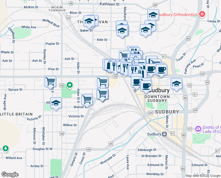 map of restaurants, bars, coffee shops, grocery stores, and more near 129 Elm Street in Greater Sudbury
