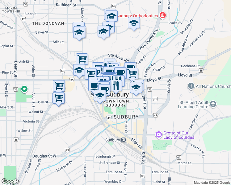 map of restaurants, bars, coffee shops, grocery stores, and more near in Greater Sudbury