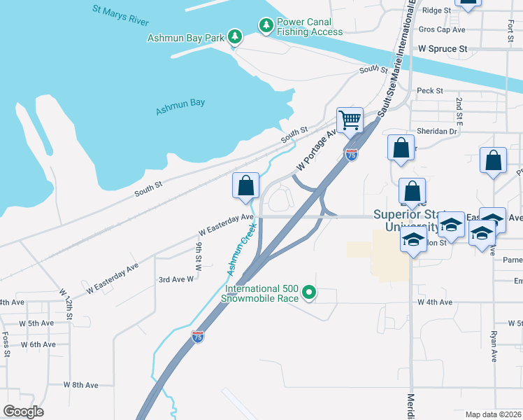map of restaurants, bars, coffee shops, grocery stores, and more near 1058 West Easterday Avenue in Sault Ste. Marie