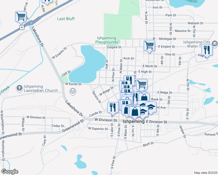 map of restaurants, bars, coffee shops, grocery stores, and more near 113-155 Oak Street in Ishpeming