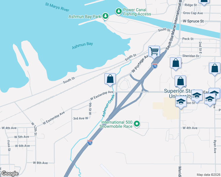 map of restaurants, bars, coffee shops, grocery stores, and more near 1058 West Easterday Avenue in Sault Ste. Marie