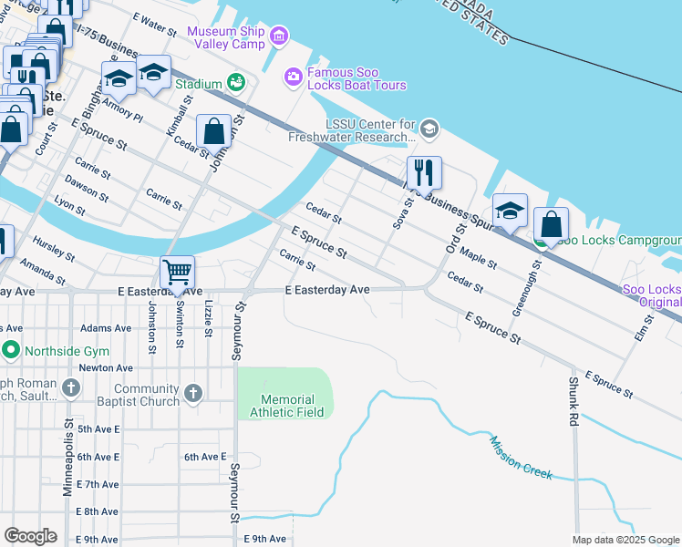 map of restaurants, bars, coffee shops, grocery stores, and more near 710 East Spruce Street in Sault Ste. Marie