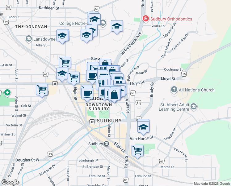 map of restaurants, bars, coffee shops, grocery stores, and more near Cedar Street in Greater Sudbury
