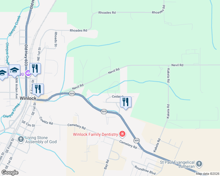 map of restaurants, bars, coffee shops, grocery stores, and more near 600 Nevil Road in Winlock