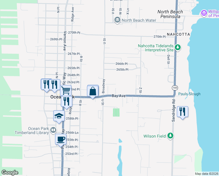 map of restaurants, bars, coffee shops, grocery stores, and more near 26214 V Lane in Ocean Park