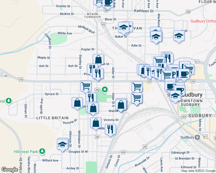 map of restaurants, bars, coffee shops, grocery stores, and more near 273 Elm Street in Greater Sudbury