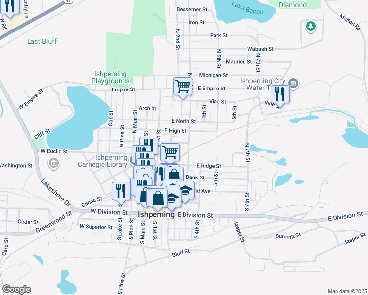 map of restaurants, bars, coffee shops, grocery stores, and more near 414 North 3rd Street in Ishpeming