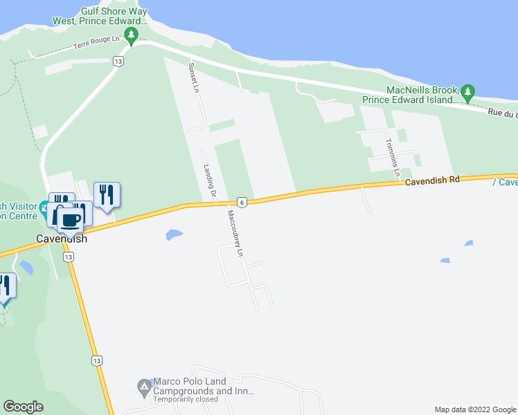 map of restaurants, bars, coffee shops, grocery stores, and more near 8387 Cavendish Road in North Rustico