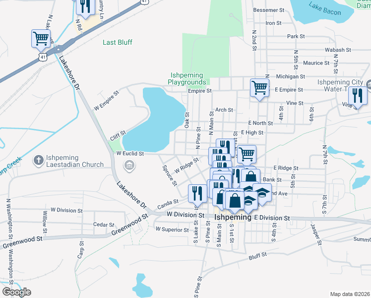 map of restaurants, bars, coffee shops, grocery stores, and more near 155 Oak Street in Ishpeming