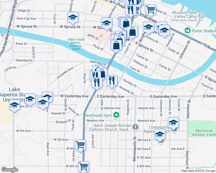 map of restaurants, bars, coffee shops, grocery stores, and more near 207 East Ann Street in Sault Ste. Marie