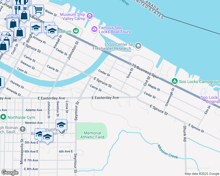 map of restaurants, bars, coffee shops, grocery stores, and more near 710 East Spruce Street in Sault Ste. Marie