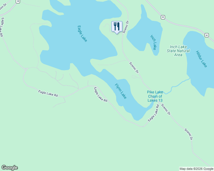 map of restaurants, bars, coffee shops, grocery stores, and more near 10570 Eagle Lake Road in Iron River