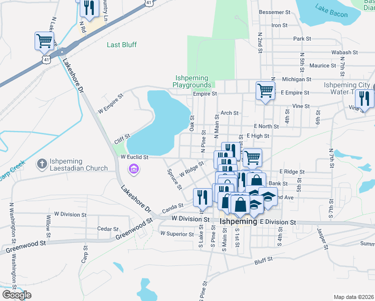 map of restaurants, bars, coffee shops, grocery stores, and more near 113-155 Oak Street in Ishpeming
