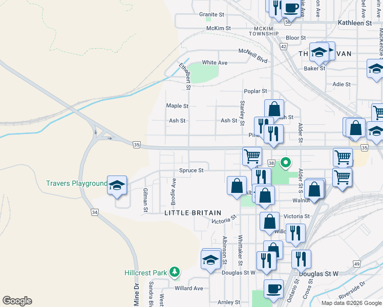 map of restaurants, bars, coffee shops, grocery stores, and more near 34 Ethelbert Street in Greater Sudbury