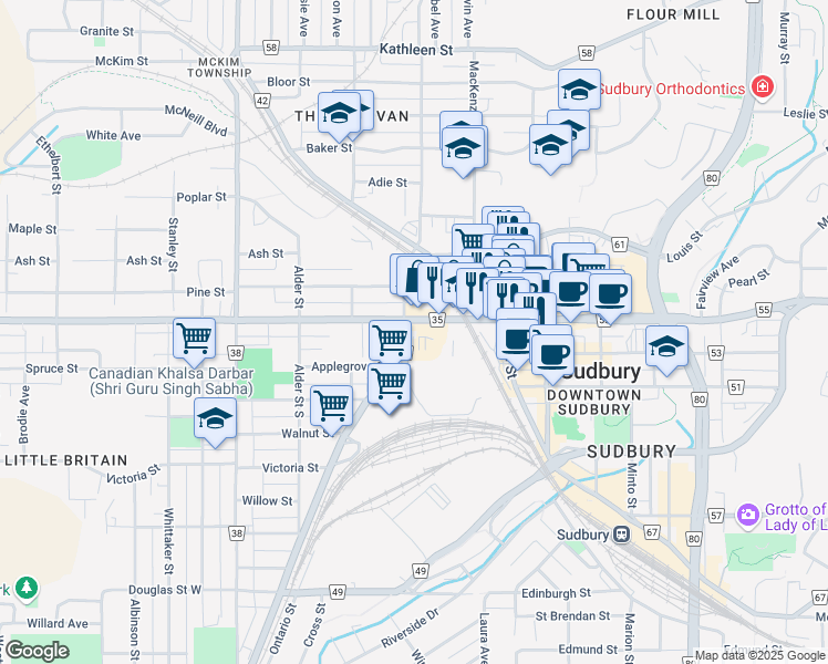 map of restaurants, bars, coffee shops, grocery stores, and more near 129 Elm Street in Greater Sudbury