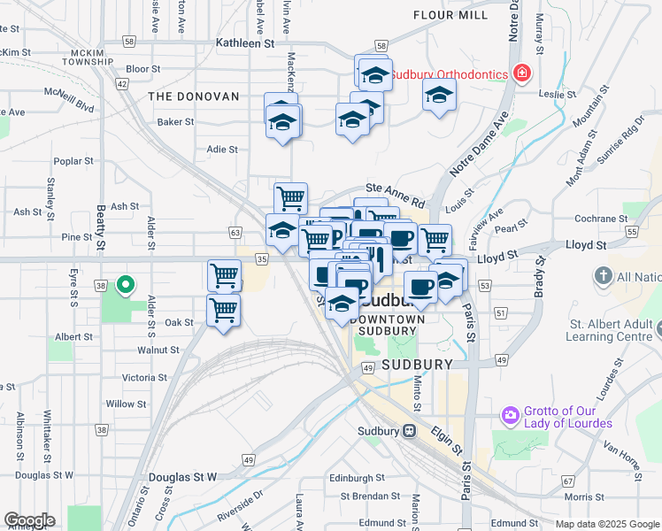 map of restaurants, bars, coffee shops, grocery stores, and more near 78 Regional Road 42 in Greater Sudbury