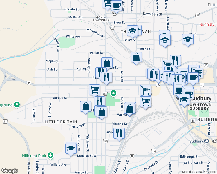 map of restaurants, bars, coffee shops, grocery stores, and more near 273 Elm Street in Greater Sudbury