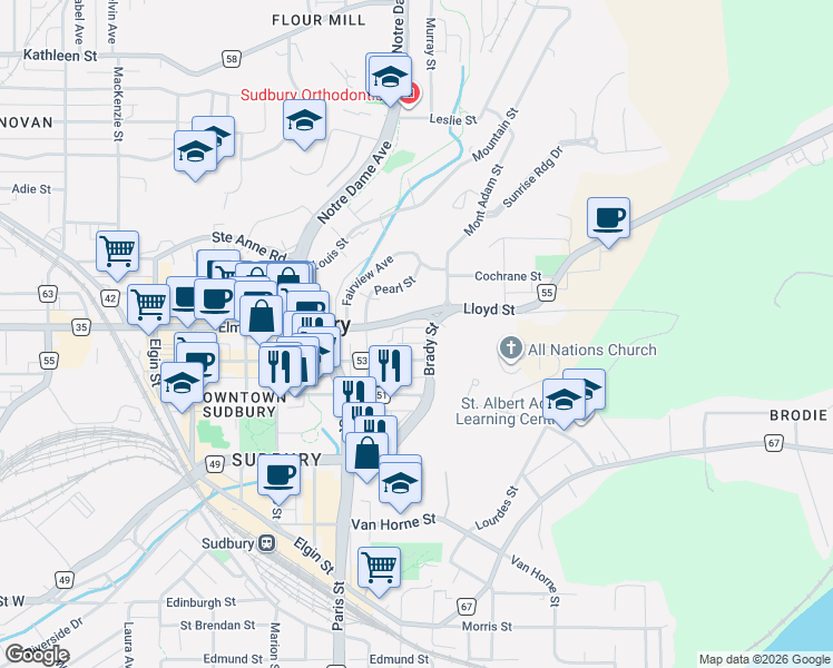 map of restaurants, bars, coffee shops, grocery stores, and more near 293 Charette Street in Greater Sudbury