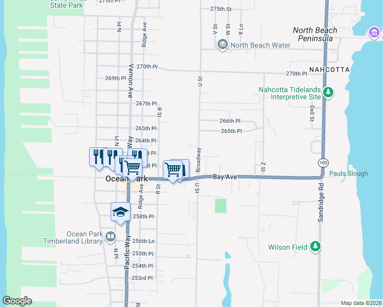 map of restaurants, bars, coffee shops, grocery stores, and more near 26214 V Lane in Ocean Park