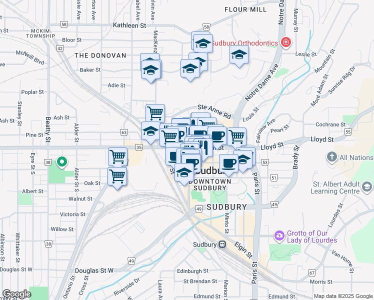 map of restaurants, bars, coffee shops, grocery stores, and more near Regional Road 42 in Greater Sudbury