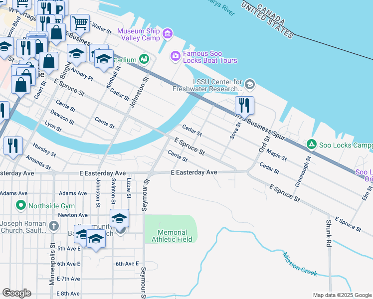 map of restaurants, bars, coffee shops, grocery stores, and more near 721 Carrie St in Sault Ste. Marie