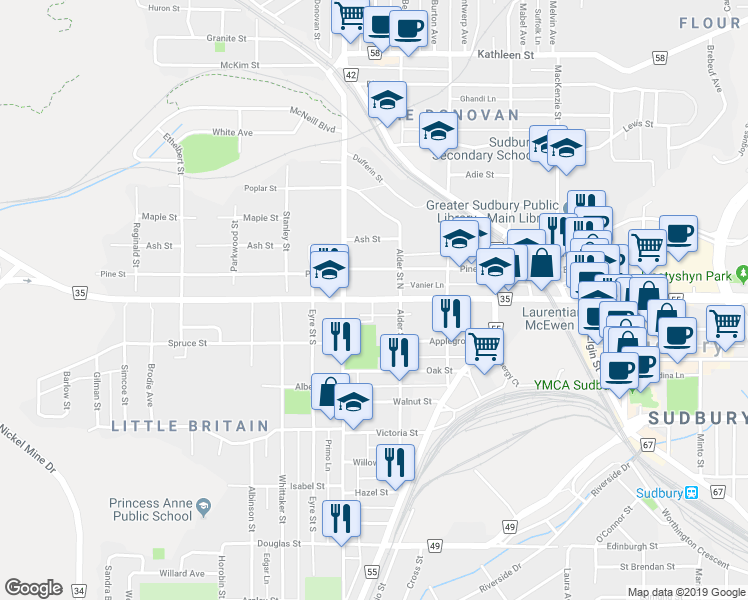 map of restaurants, bars, coffee shops, grocery stores, and more near 273 Elm Street in Greater Sudbury