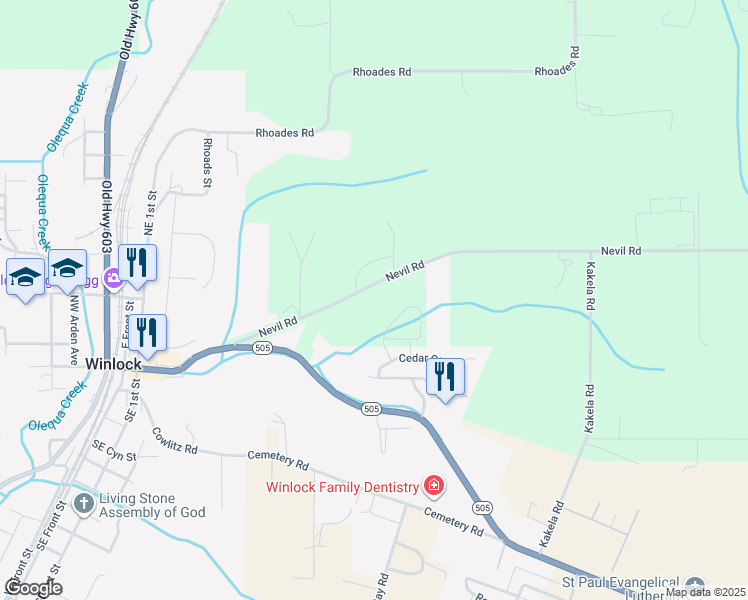 map of restaurants, bars, coffee shops, grocery stores, and more near 600 Nevil Road in Winlock