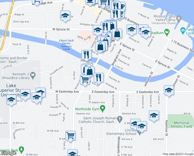 map of restaurants, bars, coffee shops, grocery stores, and more near Court Street in Sault Ste. Marie