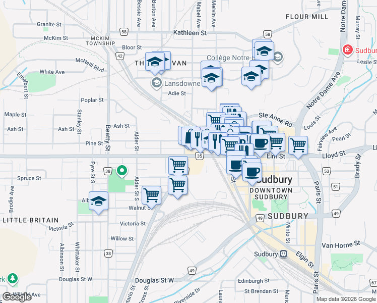 map of restaurants, bars, coffee shops, grocery stores, and more near 101 Pine Street in Greater Sudbury