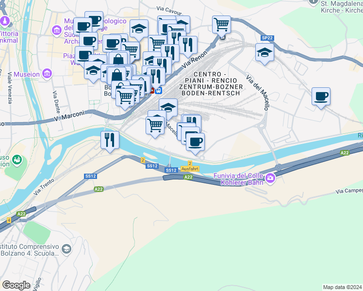 map of restaurants, bars, coffee shops, grocery stores, and more near 55 Via del Macello in Bolzano