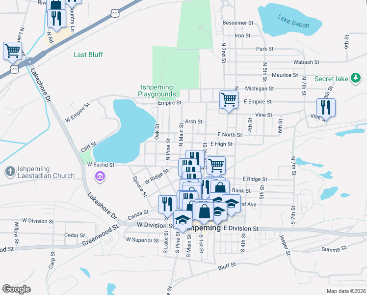 map of restaurants, bars, coffee shops, grocery stores, and more near 104 East North Street in Ishpeming