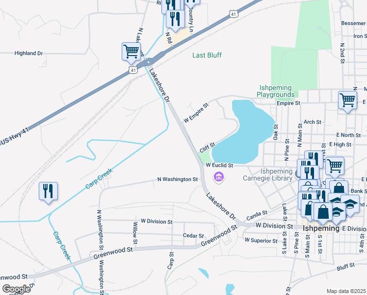 map of restaurants, bars, coffee shops, grocery stores, and more near 501-523 Lakeshore Drive in Ishpeming
