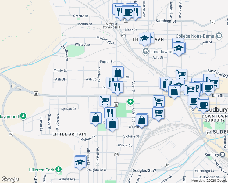map of restaurants, bars, coffee shops, grocery stores, and more near in Greater Sudbury