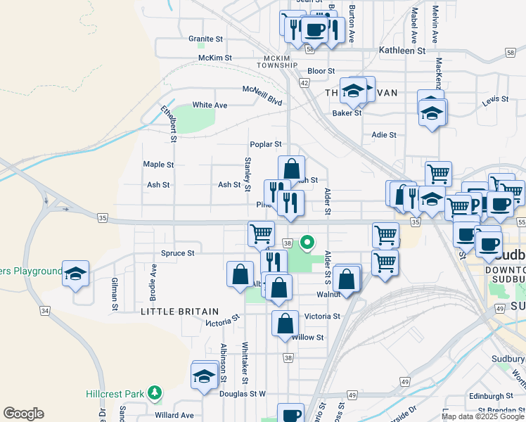 map of restaurants, bars, coffee shops, grocery stores, and more near 374 Pine Street in Greater Sudbury
