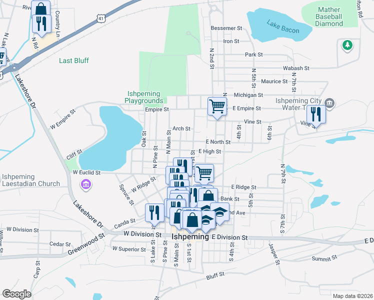 map of restaurants, bars, coffee shops, grocery stores, and more near 601-699 N 1st St in Ishpeming Township