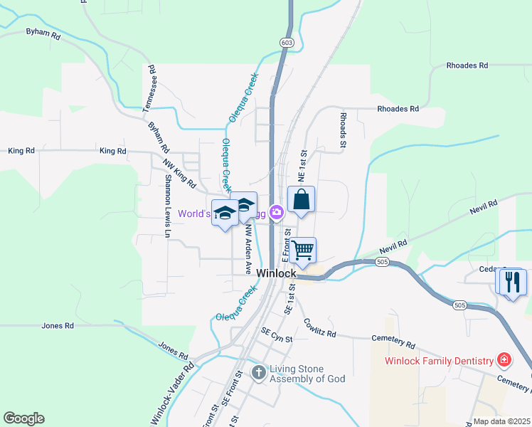 map of restaurants, bars, coffee shops, grocery stores, and more near 607 Northwest Kerron Street in Winlock