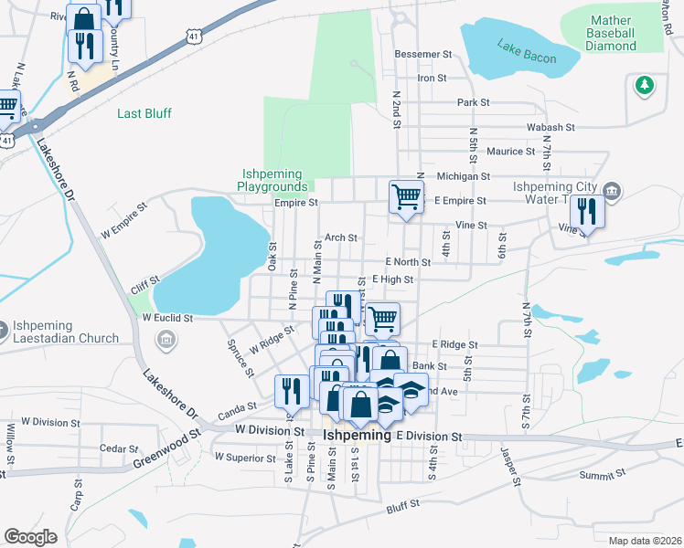 map of restaurants, bars, coffee shops, grocery stores, and more near 211 East High Street in Ishpeming