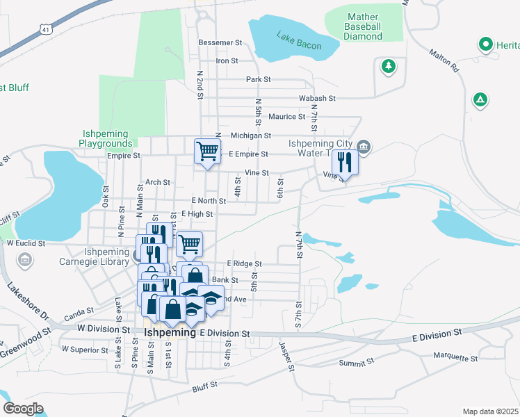 map of restaurants, bars, coffee shops, grocery stores, and more near 858-898 East North Street in Ishpeming