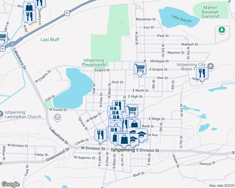 map of restaurants, bars, coffee shops, grocery stores, and more near 104 East North Street in Ishpeming