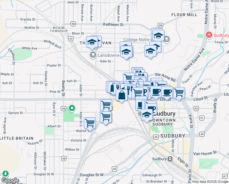 map of restaurants, bars, coffee shops, grocery stores, and more near 101 Pine Street in Greater Sudbury