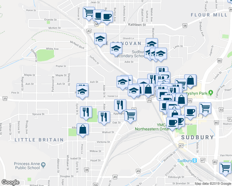 map of restaurants, bars, coffee shops, grocery stores, and more near 195 Pine Street in Greater Sudbury