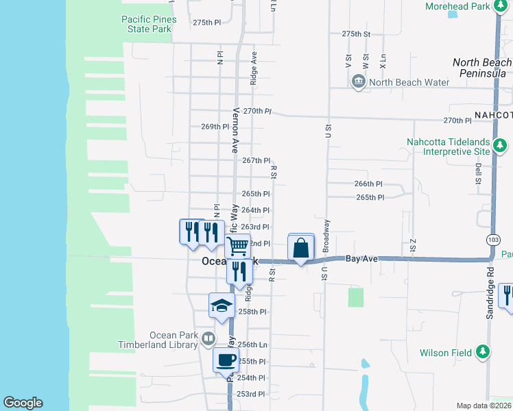 map of restaurants, bars, coffee shops, grocery stores, and more near 1607 264th Place in Ocean Park
