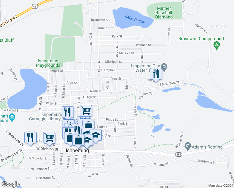 map of restaurants, bars, coffee shops, grocery stores, and more near 506 North 5th Street in Ishpeming Township